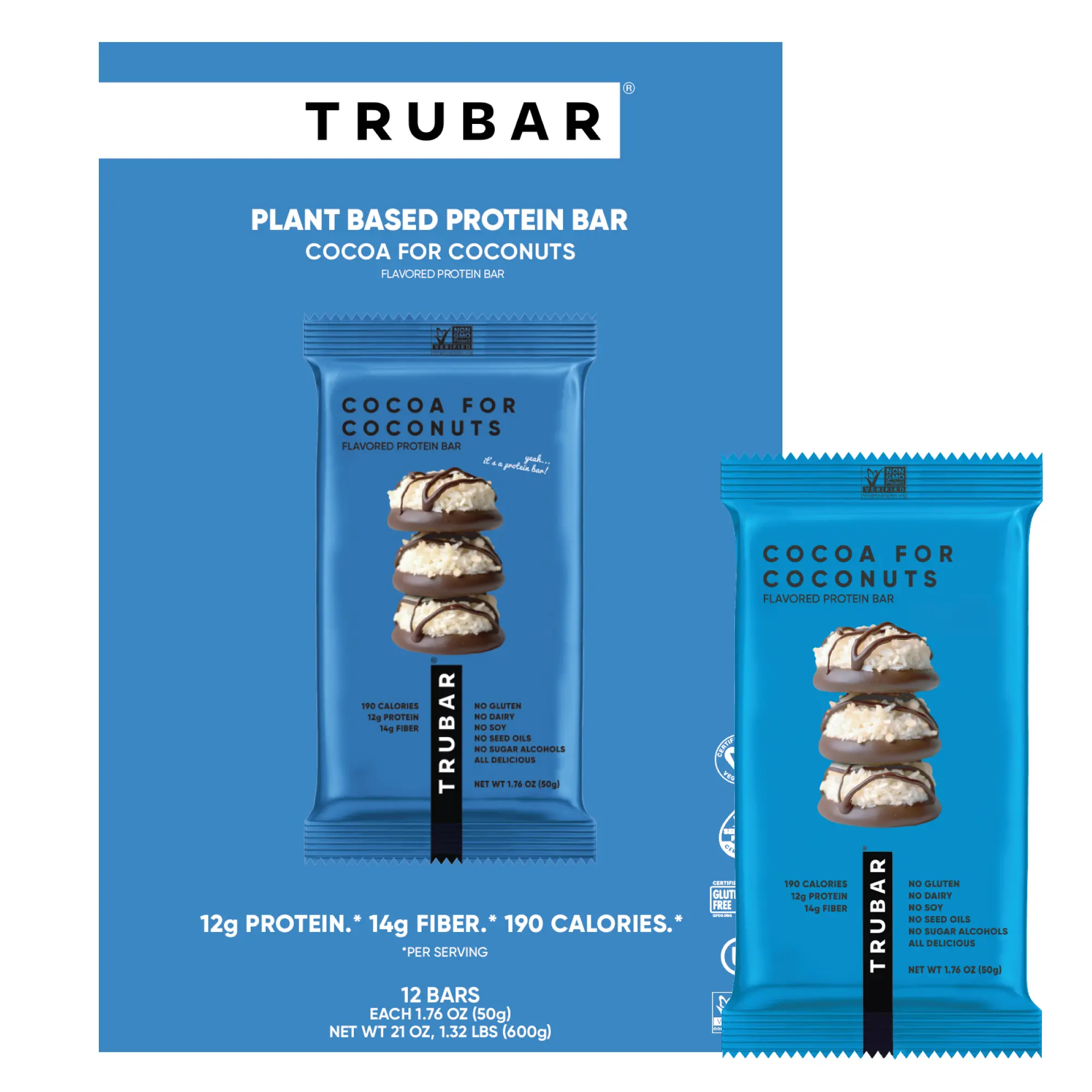 TRUBAR Vegan Protein Bar, Cocoa For Coconuts, Gluten Free, Plant Based Protein, Dairy Free, Non GMO, Soy Free, No Sugar Alcohols, 12 count Snack