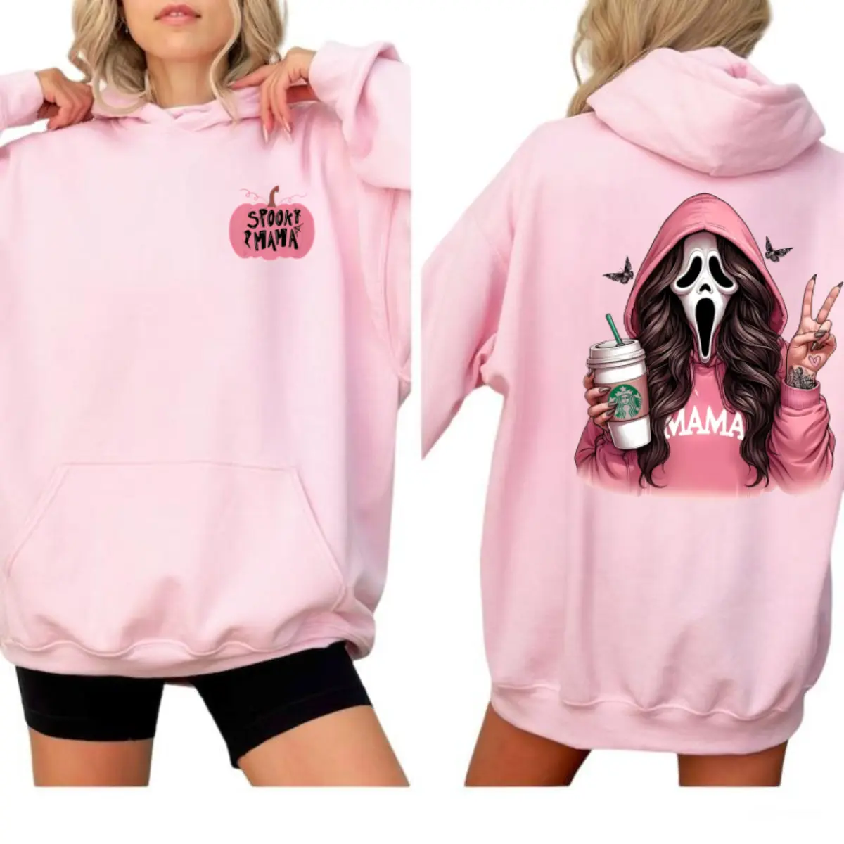Spooky Mama Pink Hoodie –  Holding Starbucks Coffee Graphic Hoodie, Fun Halloween Horror Apparel, Trendy Fall Season Style, Unisex Fit for Men & Women