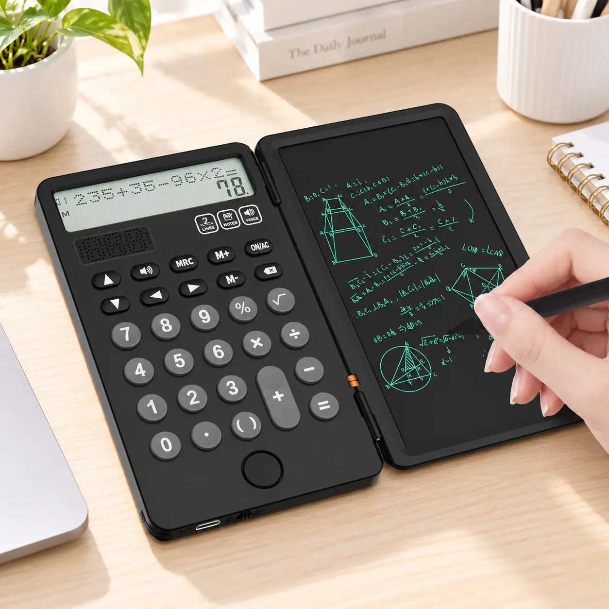 Portable Calculator with Notepad Writing Tablet 2-Line 12-Digit Large Display USB-Rechargeable for Students & Office Use