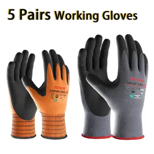 5 Pairs Dual Layer Work Gloves, Nitrile Coated, Nitrile Grip Gloves, Anti-Slip Breathable Safety Gloves, Touchscreen Compatible, Ideal for Gardening, Construction, Warehouse, Construction Gear