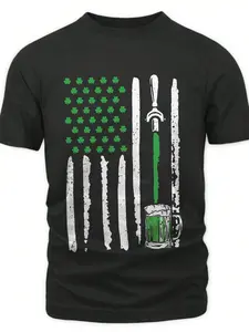 St.Patrick's Day One Men‘s Black Graphic Geometric T-Shirt with Patriotic American Flag Design, Green Clover and Beer Tap Print for St. Patrick’s Day Festive Parties and Casual Wear