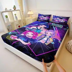 K-Pop Demon Hunter Print Bed Sheet Set, Includes 2 Coreless Pillowcases, Anti-Slip Neon Stage Anime Idol Bedding, Perfect Gift for Teens