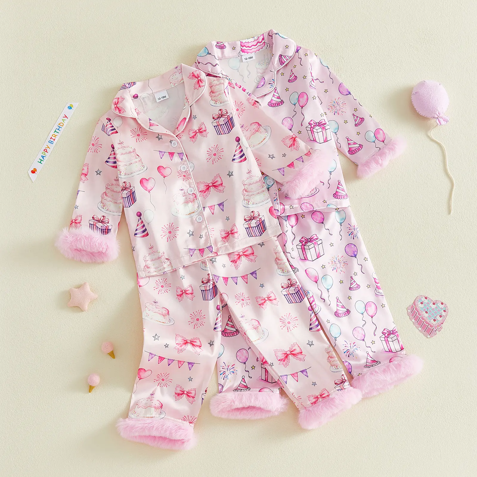 Toddler Girls Birthday Pajamas Long Sleeve Button Down Shirt Pants Silk Satin Pjs Sleepwear Birthday Girl Outfit