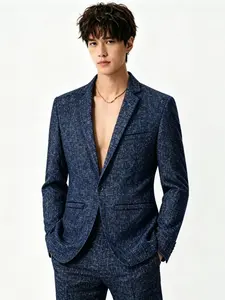 Men's Slim Fit Blazer, Single Button Notch Lapel, Casual Spring & Fall Top, Long Sleeve, Natural Waist, Trendy Business Casual