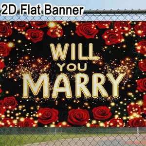 2D flat banner, 1pcRomantic Marriage Proposal Backdrop with Red Roses & Twinkling Lights, Glowing 'WILL YOU MARRY' Golden Text for Proposal Party Decor, Celebratory Engagement Event Banner