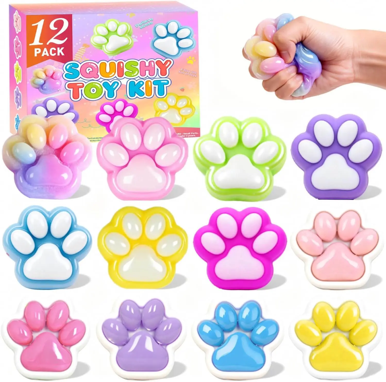 Summer Spring Gift 12Pack Big Cat Paw Squishy Toys ( 2.8Inches )- Large Stress Relief Squeze Taba Fidget Toys Kit, Birthday Office for Girls Boys Kids Adults