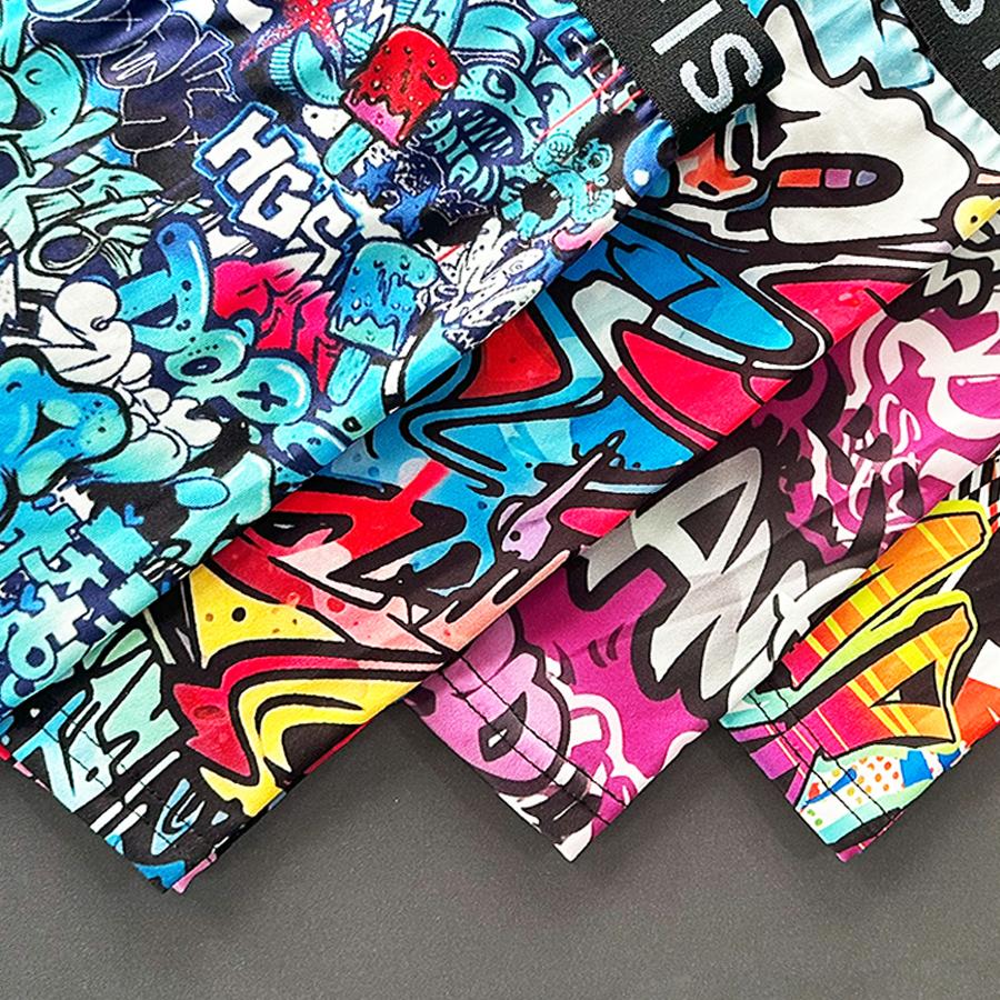 4-piece set of men's long printed boxer briefs, elastic and comfortable casual sports underwear, trendy graffiti-style prints, street style, breathable and thin fabric for sports, fitness, and daily wear Menswear Soft