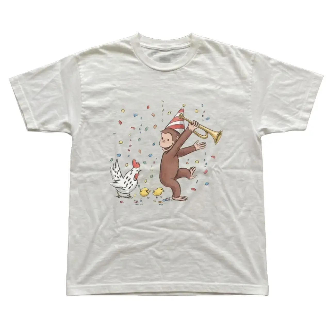 Curious George Birthday Shirt, Cute Monkey with Chicken Confetti Graphic Tee, Gildan Heavy Cotton Casual White Top