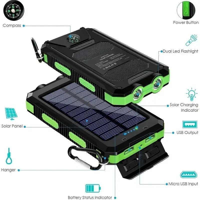 Portable Solar Power Bank, 1 Count 10000mAh External Battery Charger, Multi-functional Power Bank with Strong LED Light & 2 USB Output Ports for Outdo
