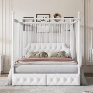 Queen Upholstered Canopy Bed with 2 Storage Drawers and Headboard, 4-Poster Metal Canopy Bed Frame for Adults, White