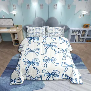 Blue Bow Bedding Set,Cute Bowknot Comforter Set for Boys Girls Teens,Room Decor Princess Comforter,Girly Kawaii All Season Duvet Set