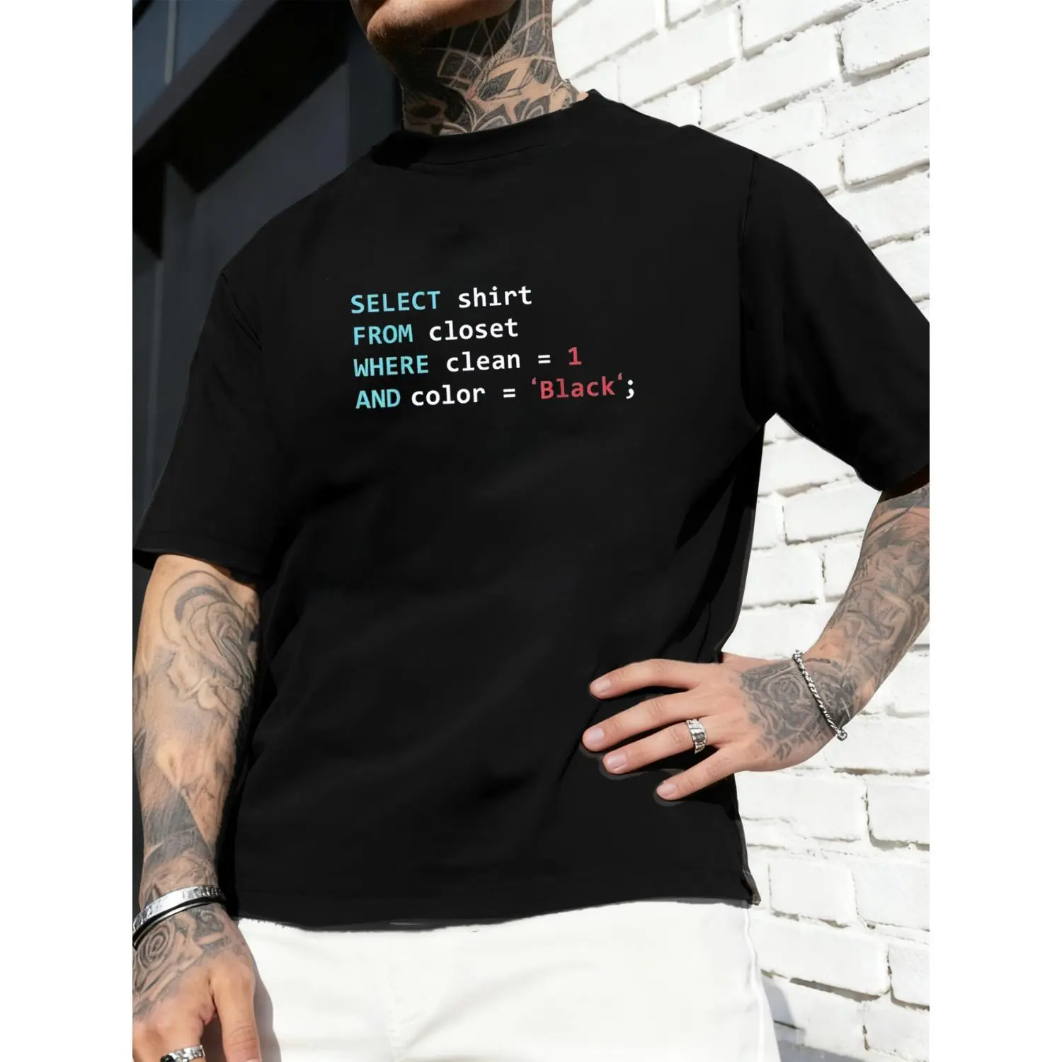 Mens SQL and HTML CSS Coding Cotton T-shirt with SELECT FROM WHERE Instructions and Code Print for Web Developers Computer Science Students and Programmers Washable Casual Designers