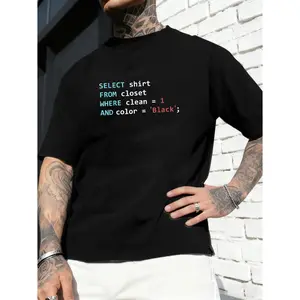 Men's SQL & HTML/CSS Coding T-Shirt - SELECT FROM WHERE Instructions & Code Print, Washable Casual Menswear Tops for Web Developers, Computer Science Students