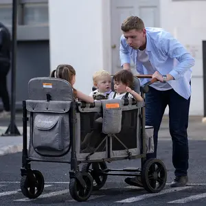 4 Seater Stroller Wagon-Volkswagen Collapsible Wagon Stroller with Seats with 5-Point Harnesses, Adjustable Push Handle, Adjustable Sun Canopy