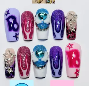 Y2K Barbiecore Nails – Glitter Flames, 3D Angel Heart Charms, Shiny Rhinestones, Star Chains & Bold Lettering in Pink, Blue & Purple Glam