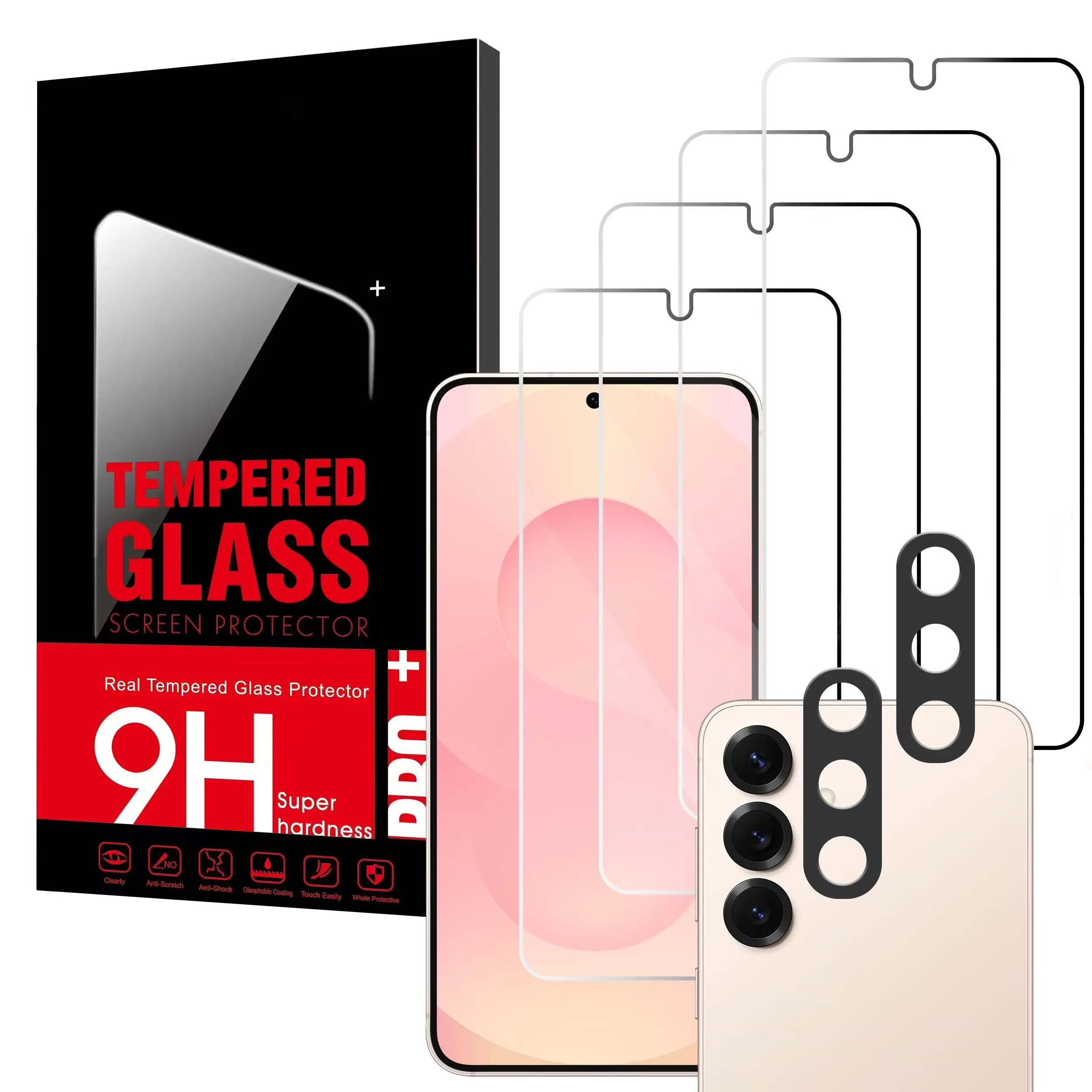 4 Pack Tempered Glass Screen Films Compatible with Samsung Galaxy S25 + 2 Camera Lens Protectors, 9H Hardness Clear Transparent Glass, Scratch Resistant, Fingerprint Sensor Compatible