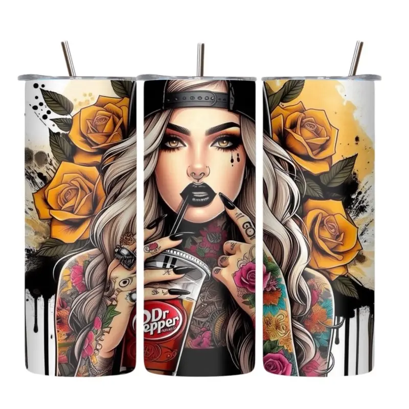Ladies' 20oz Reusable Dr Pepper Beverage Tumbler - BPA-Free, Washable, Portable Water Bottle Mug with Tattoo & Yellow Rose Design, Kitchenware Drinkware