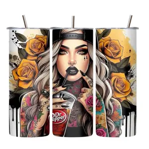 20oz Reusable Dr Pepper Beverage Tumbler for Ladies - BPA-Free, Washable, Portable Water Bottle Mug with Tattoo & Yellow Rose Design, Kitchenware Drinkware