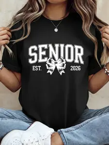 Graduation Bow Tie Printed T-Shirt, Graduating Class Commemorative Shirt, Perfect Gift for Daughter, Women's Casual Versatile Top