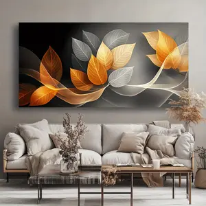 Modern Abstract Leaves Canvas Wall Art - Solid Wood Frame, High Quality Vibrant Orange and Grey Print, Perfect for Living Room, Bedroom, Office Decor - Wood Frame, Horizontal Landscape Design, Wall Decor Ornaments Artistic