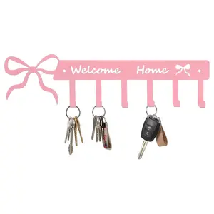1 Pc Pink Bow Welcome Home Key Hook for Wall Pink Bathroom Decor Cute Bow Towel Hooks Coquette Welcome Home Sign Key Holder Wall Mounted Racks 6 Coat Hanger for Bedroom Kitchen Entryway Wall Mount Organizer