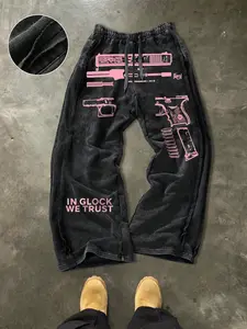Men's Casual Cotton Pants, Gun Pattern, Street Style, Drawstring Waist, Ankle Length, Perfect for Daily Wear, Holiday Gift Idea, Graphic, Casual Fashion Comfy