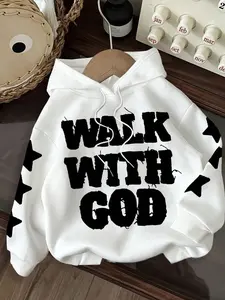 Women's White "Walk With God" Graphic Hoodie, Oversized Long Sleeve Casual Hooded Sweatshirt with Adjustable Drawstring and Star Print, Aesthetic Trendy Faith-Based Top for Daily & Leisure Wear