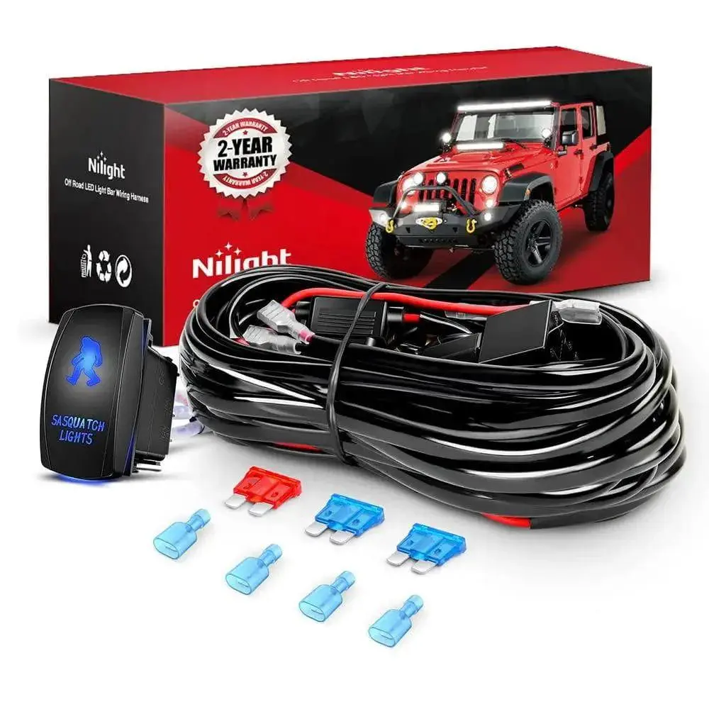 Nilight 16AWG LED Lights Wire Harness Kit - 2 Leads, 12V 5-Pin Sasquatch Light Switch, 3 Fuses, 4 Spade Connectors, ABS Material, 15A Max Amperage, Universal Fit, 2 LEDs, Easy-Install Black Home Electrical Switchboard Accessory
