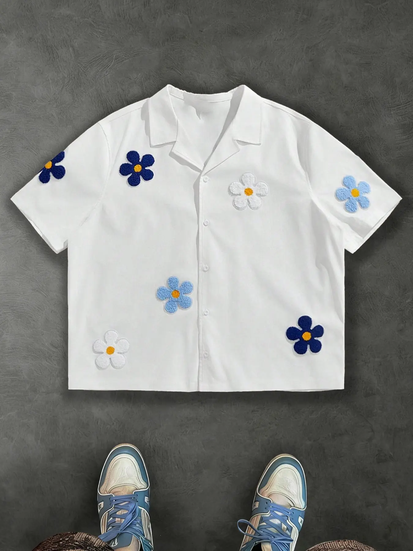 Unisex design. Summer American street hip-hop style. Retro and Instagram-worthy. Button-down short casual Floral shirt with personalized embroidery flowers. Perfect for everyday wear in the summer. A trendy fashion item. Top