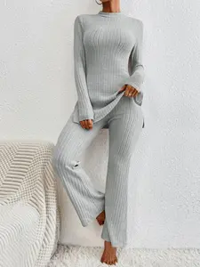 Women's Light & Thin Rib Knit Split Mock Neck Top & Flare Leg Bell Bottom Pants Matching Pjs Loungewear Set, Pyjamas Set for Daily Wear, for Spring & Fall Pajamas