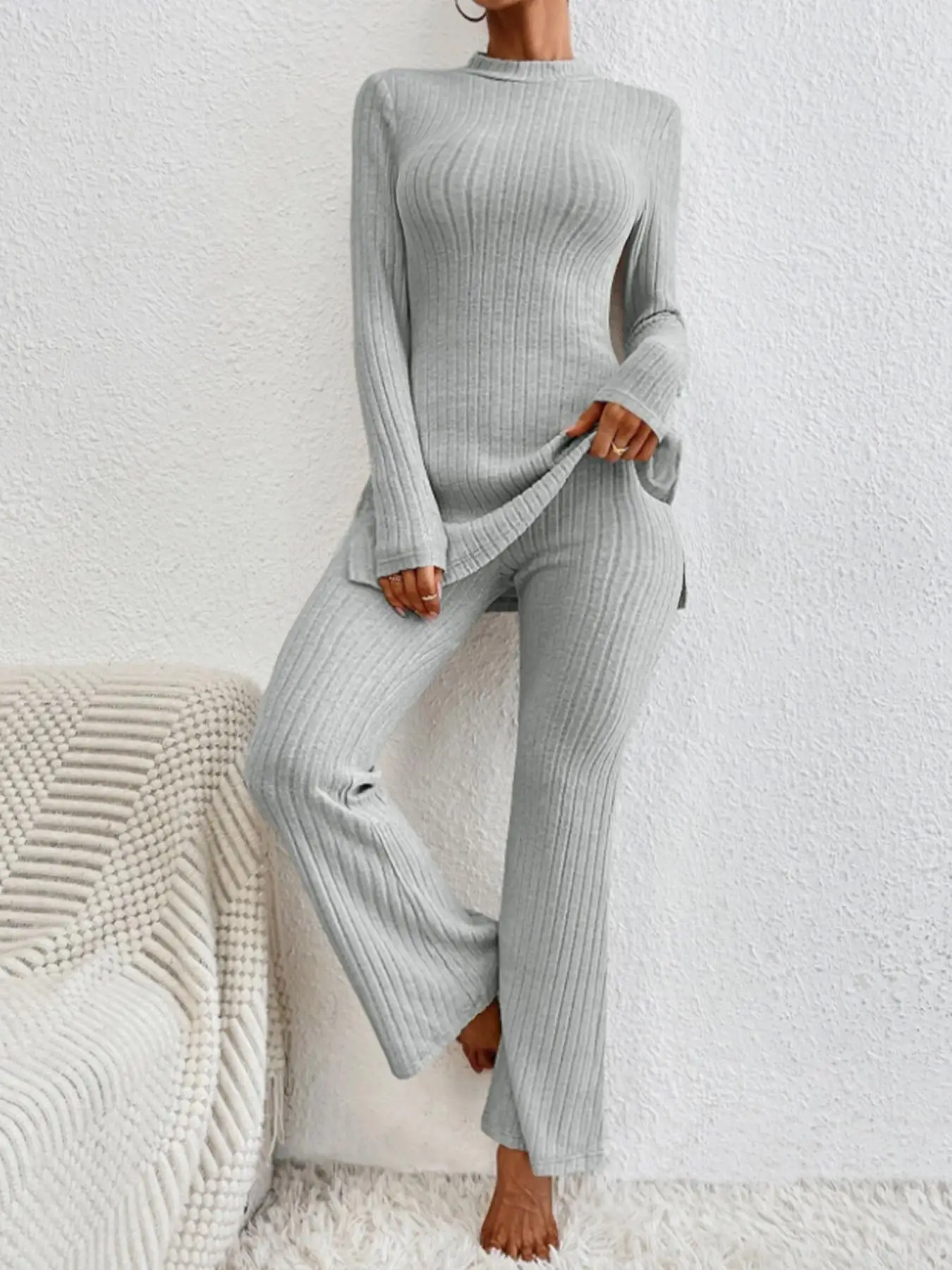 Women's Light & Thin Rib Knit Split Mock Neck Top & Flare Leg Bell Bottom Pants Matching Pjs Loungewear Set, Pyjamas Set for Daily Wear, for Spring &