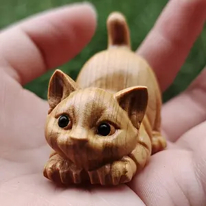 Handcrafted Cat Figurine, Lifelike Mini Hand Carved Wooden Cat Decoration, Collectible Room Decor, Cute Collectible Figurines, Perfect Gift for Cat Lovers, Natural Finish with Smooth Texture