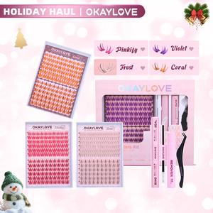 OKAYLOVE Colorful Lash Clusters Kit Frost|Violet|Pinkfy|Coral Lash Extension Kit with Long-lasting Lash Bond and Seal,Tweezers and Remover for DIY Eyelash at Home for Halloween Party for Halloweeny Christmas Girl Gifts