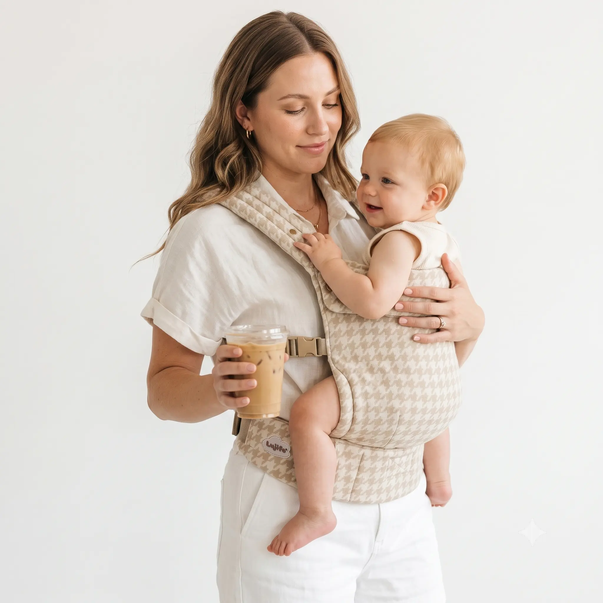 Khaki Houndstooth 4-in-1 Baby Carrier - Adjustable Ergonomic, Breathable, Hands-Free, Lightweight Ergonomic for Newborns & Toddlers Up to 45 lbs, Adjustable Ergonomic Carrier, Breathable Carrier