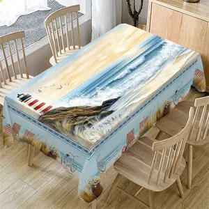 Rectangular Tablecloth with Beach Lighthouse Pattern, Indoor and Outdoor Use, Kitchen Dining Decor, Wedding Party Restaurant