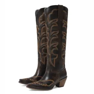 CELNEPHO Women Cowboy Boots Pointed Toe Western Embroidered Boot Easy Pull on Tabs Knee High Boots Chunky Block Heel Rodeo Booties Cowgirl Festival Wear Gift for Her Horse Riding Country Wedding Dress Shoes