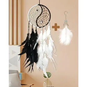 Handmade Tai-Chi Dream Catcher Black with Feathers and Beads - Approximately 50cm, Hangable Decor for Home & Car, Unique Craftsmanship & Symbolism - Ornaments, Hanging Circle Gift Decoration Traditional