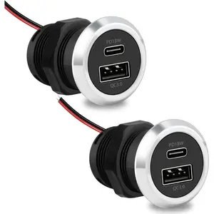 RV USB Outlet 12V Wall Mount, Dual USB Quick Charge 3.0 Port & PD USB C Charger, 12V/24V Automotive Outlet Socket Adapter for RV Marine Boat Bus ATV Motorcycle Truck(Round,2 Pack)