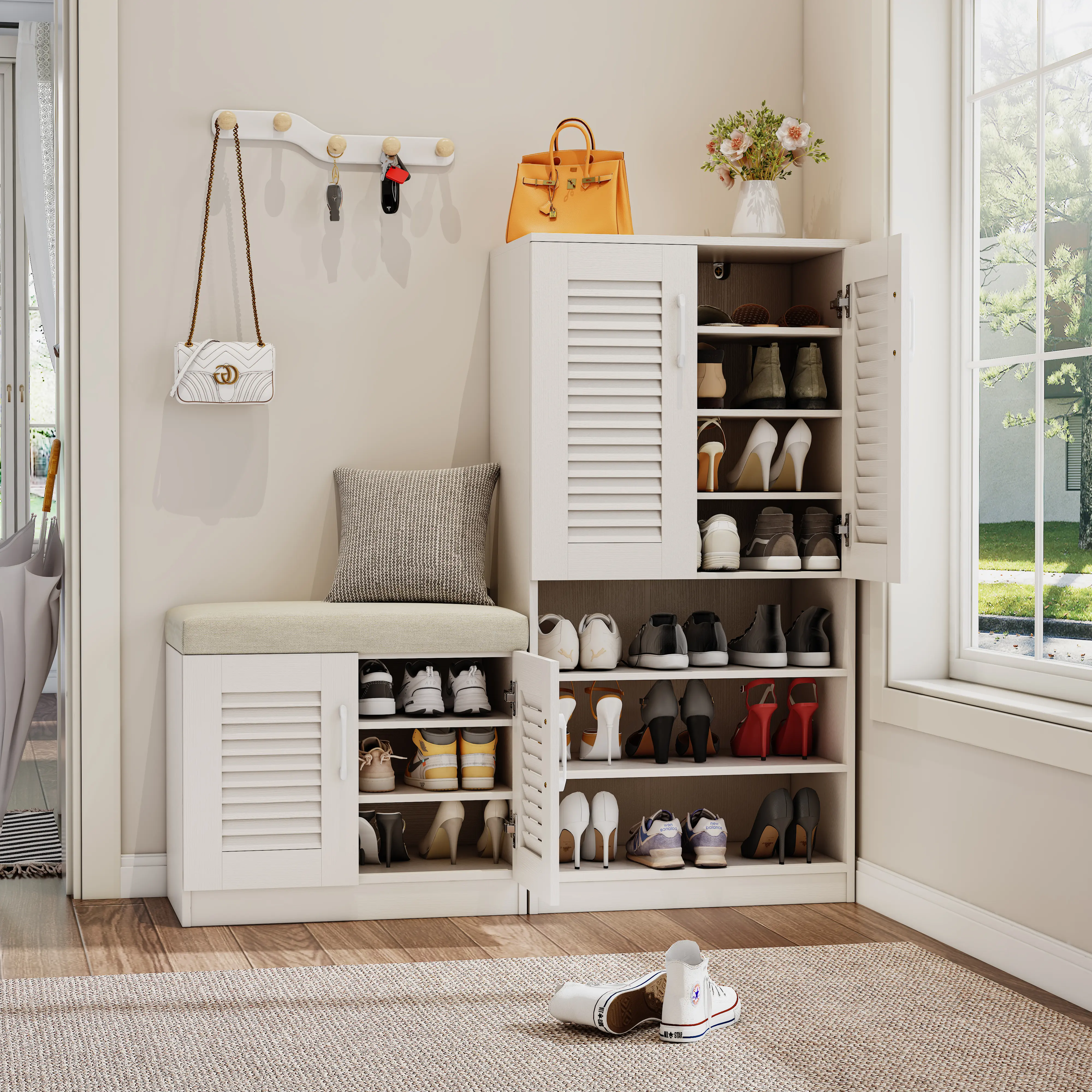 Spaco Particle Board Farmhouse Movable Storage Cabinet with Fabric Cushion Seat - 7+3 Adjustable Shelving Shoe Racks, Louvered Doors, Anti-Tip Kit, Airflow Odor Reduction, Free-Standing/Wall-Mountable for Entryway/Mudroom (For Adults, Kids)