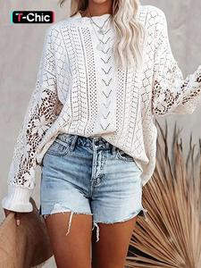 women's eyelet embroidery drop shoulder sweater, lady chic casual elegant loose knitting longsleeves top for spring & fall, women's knitwear for daily wear, basic womenswear, clothes for women