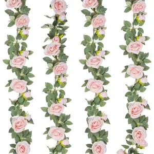 4Pcs(26 FT) Artificial Rose Vine Fake Flower Garland Fake Silk Rose Hanging Vine for Wedding Party Background Arch Garden Background Decoration (Pink)