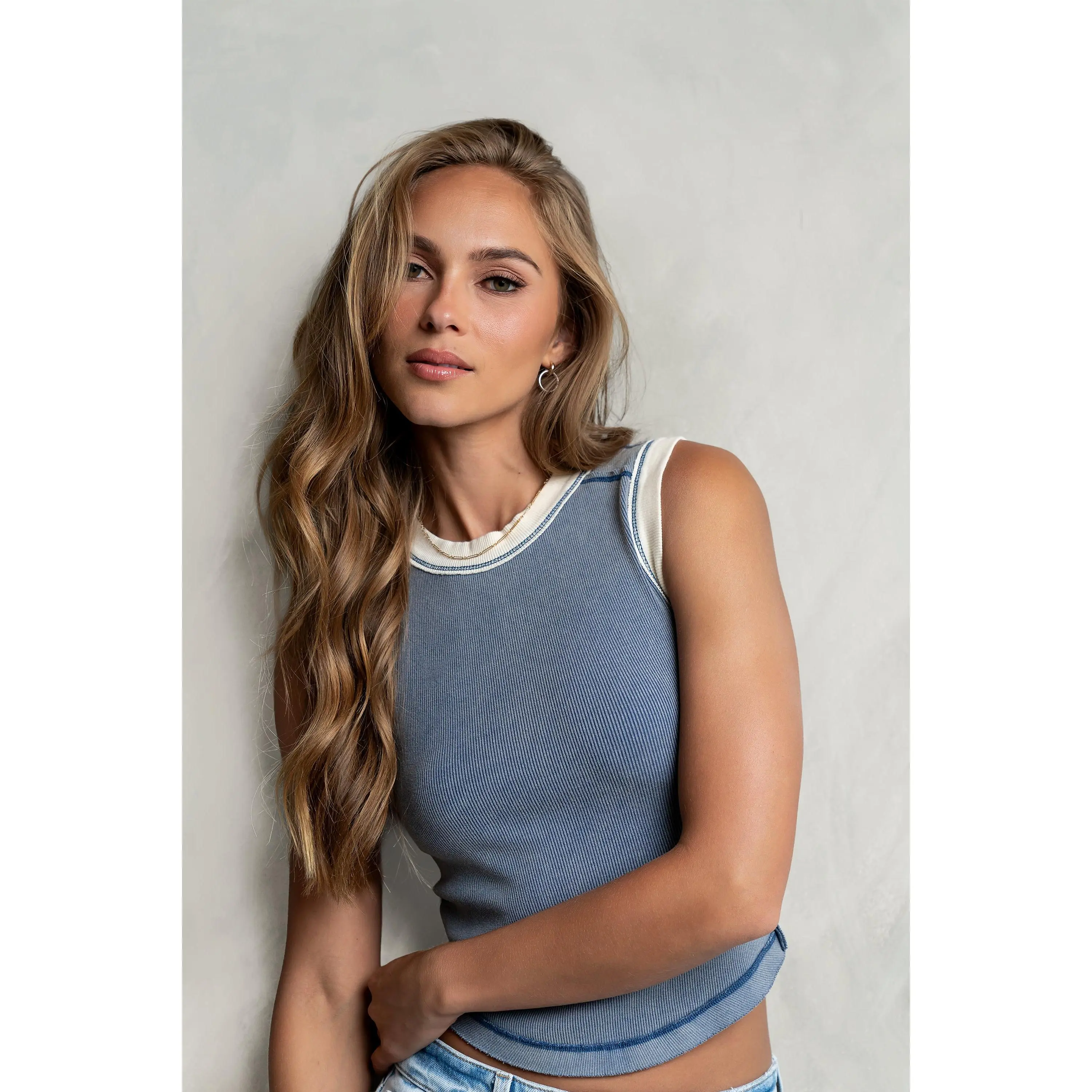 Women's Ribbed Flex Fit Cotton Tank Top - Sleeveless Lilah Style, Round Neck, Reverse Seam, Hem Contrast, Hang Dry Women's Camisole Top