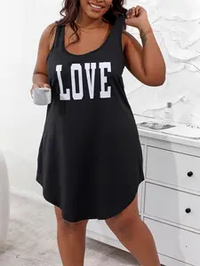 [Plus Size] Letter Print Tank Dress, Casual Comfy Chic Sleeveless Round Neck Short Dress for Spring & Fall, Women's Clothing for Daily Wear