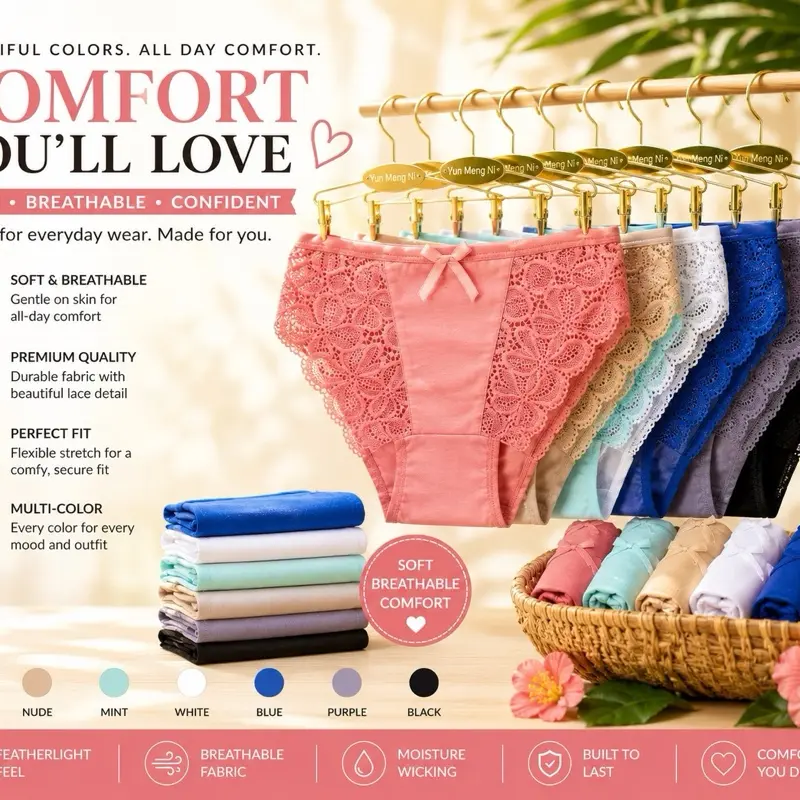 Women's Basic Comfortable Everyday Panties, 12 Pairs with Lace Detail