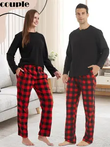 Couple's Solid Round Neck Sleep Top & Plaid Print Pocket Drawstring Sleep Pants, Casual Comfy Long Sleeve Top &  Elastic Waist Trousers for Daily Wear, Soft Comfy Sleepwear for Spring & Fall
