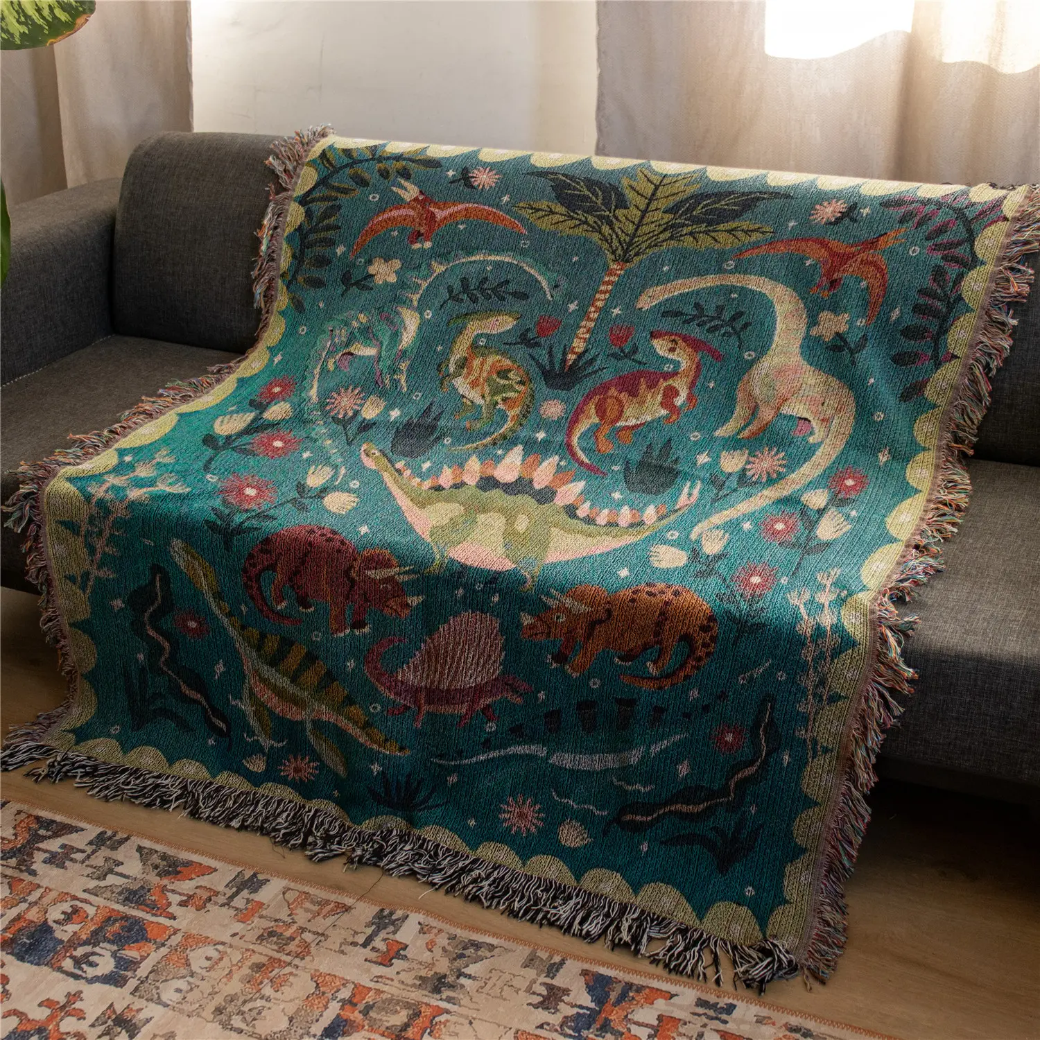 Dinosaur Pattern Bohemian Yarn Jacquard Woven Blanket with Tassel, Dinosaur Print Blanket, Boho Blanket, Thick Soft Washable Blanket, Used for Home Decor Sofa Chair Bed Tapestry Tablecloth Floor Garden Picnic Outdoor Camping