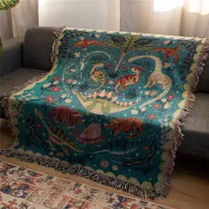Dinosaur Pattern Bohemian Yarn Jacquard Woven Blanket with Tassel, Boho Blanket, Thick Soft Washable Blanket, Used for Home Decor Sofa Chair Bed Tapestry Tablecloth Floor Garden Picnic Outdoor Camping