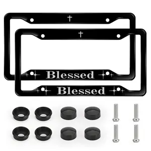 2pcs "Blessed" Christian License Plate Frames with Screws & Caps, Black Frame with Cross Design, Car Accessories for Truck SUV, Anti-rust & Easy-to-install, Car Accessories for Women & Men
