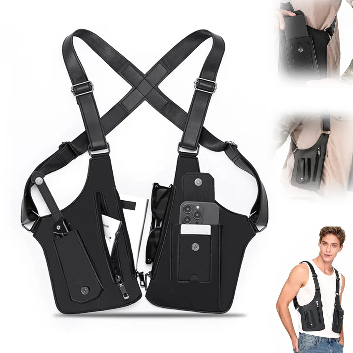 Premium Leather Adjustable Underarm Shoulder Bag for Men,Double Shoulder Armpit Bag,Hidden Underarm Strap Wallet, Unisex