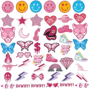 48 Pcs Pink Preppy Iron on Patches for Girls Cute Sew on Patches Y2k Applique Embroidered Repair Decorations DIY Accessories Craft for Backpack Hat Jackets Jeans Dress
